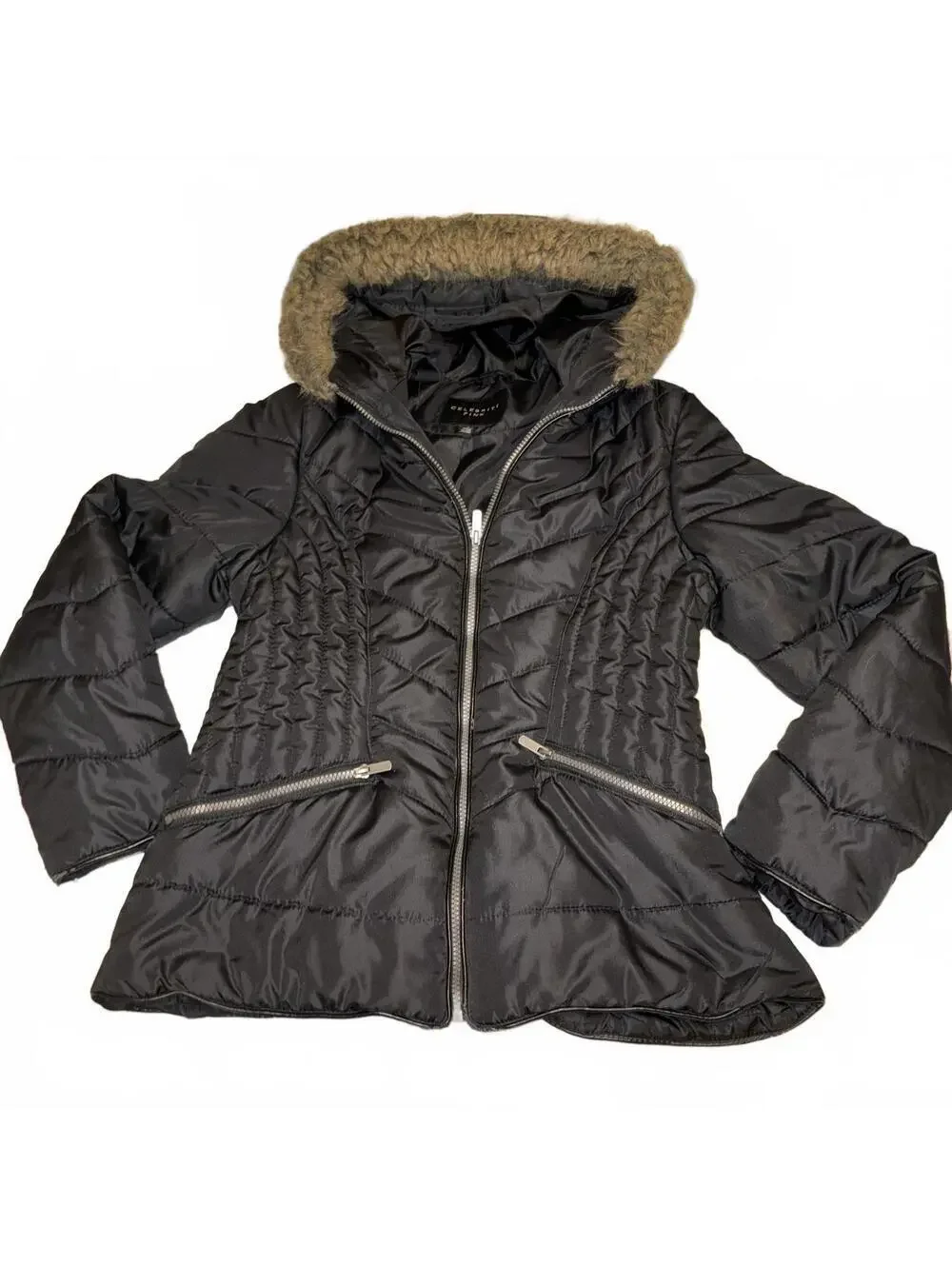 Celebrity Pink Black Quilted Puffer Jacket with Faux Fur Hood Girls Large